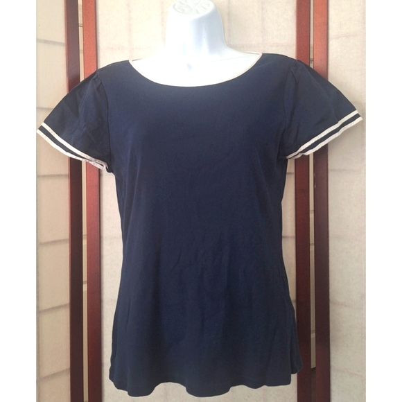 Lauren Ralph Lauren | Ribbed Flutter Sleeve Top - Navy Blue/White Trim - Picture 2 of 10